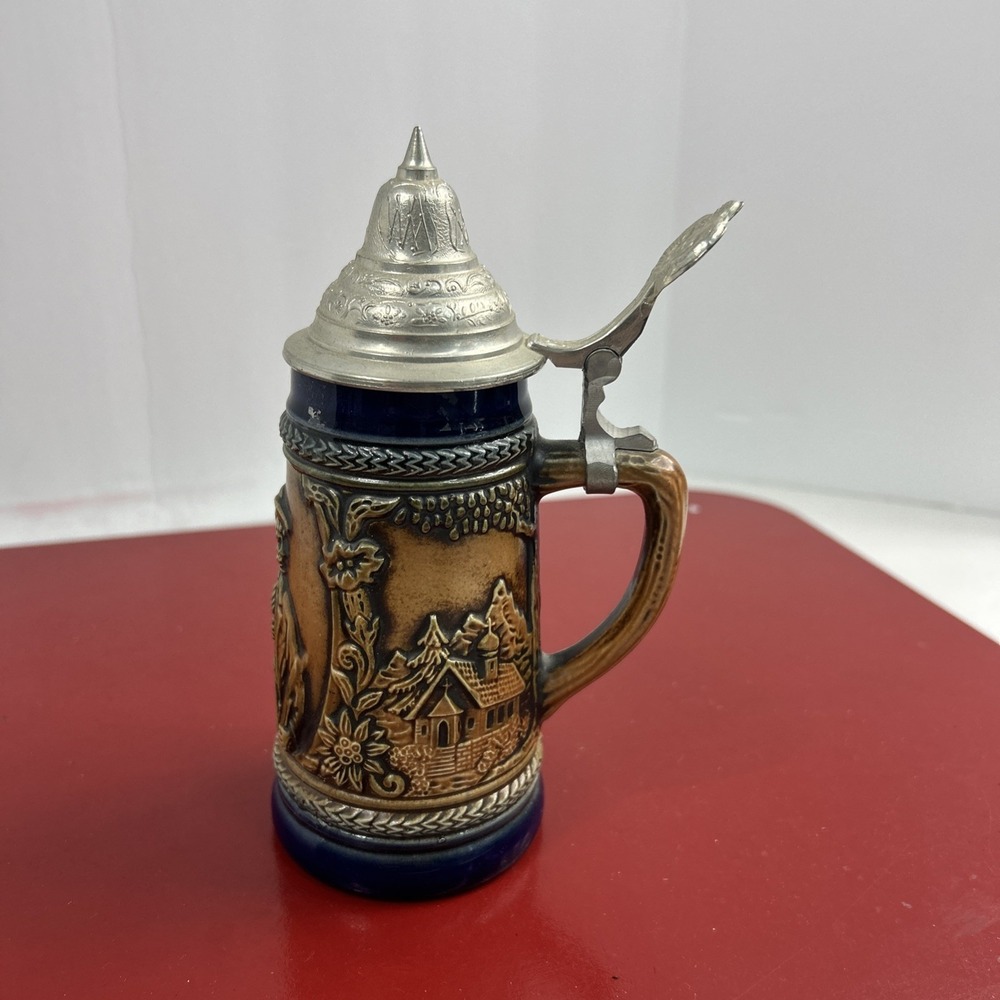 Handarbeit Gerzit Geez Hand Painted German Lidded Beer Stein 6.5" Tall Vintage